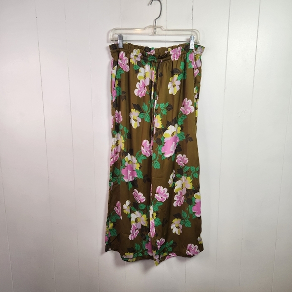 Aerie Wide Leg Cropped Pants Summer Brown Green Floral Womens Size Medium Boho - Picture 2 of 7